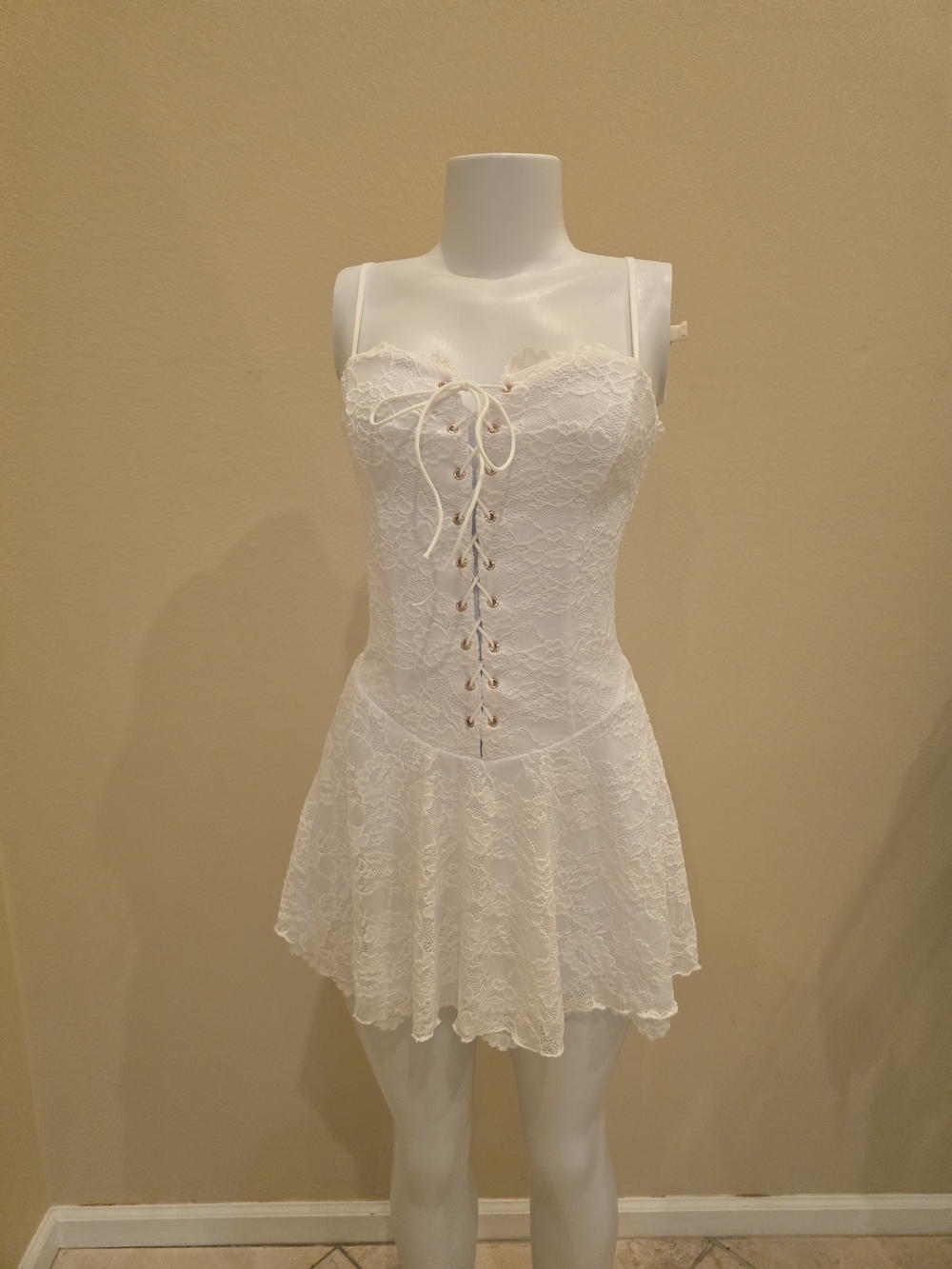 White Lace Corset Mini Dress with Lace-Up Front